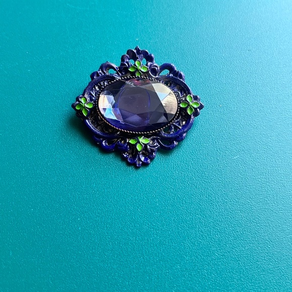 Victorian Blue Stone & Floral Brooch - Blue Rhinestone Flower Pin - Valentine - Picture 6 of 8